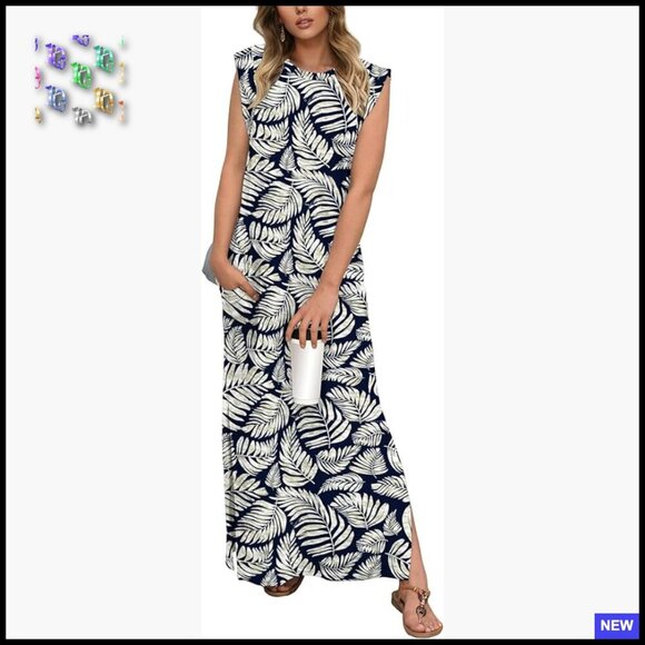Dresses & Skirts - Summer Maxi Dress Casual Floral Round Neck Cap Sleeve with Pockets Boho Chic